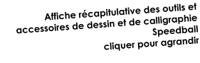Affiche récapitulative des outils et accessoires de dessin et de calligraphie Speedball cliquer pour agrandir